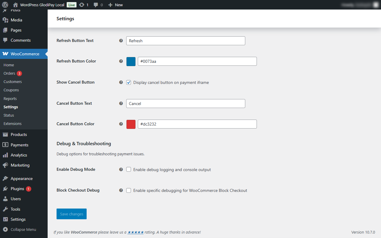 4.4 Debug Settings panel