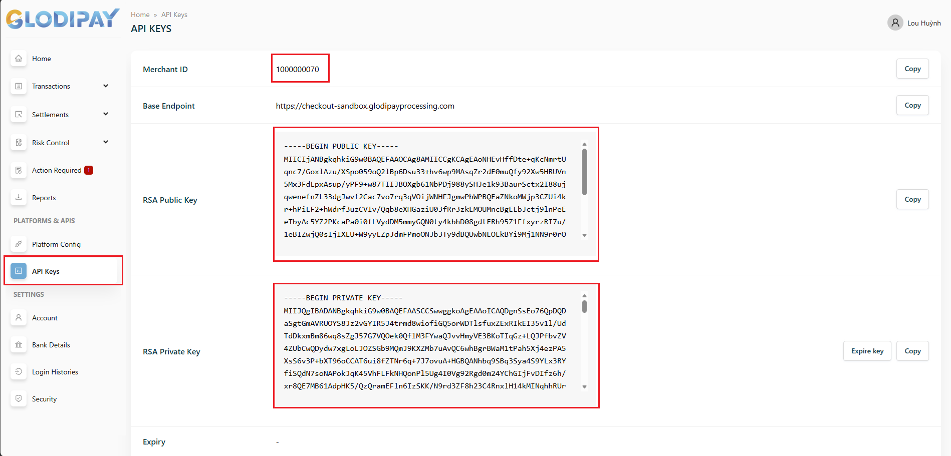 Bước 1: Mục API Keys trong GLODIPAY Merchant
