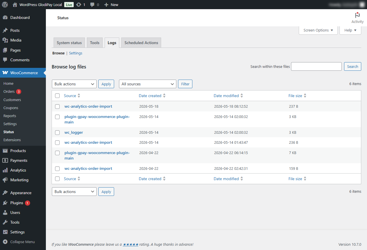 Màn hình WooCommerce Logs